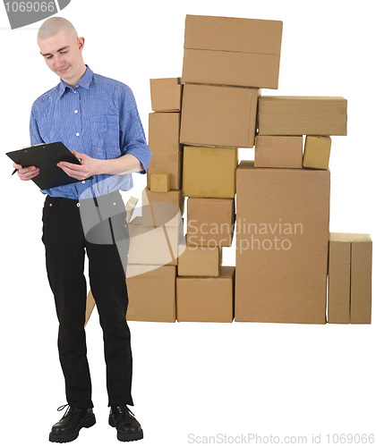 Image of Messenger and pile of cardboard boxes