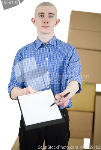 Image of Man with tablet and carton boxes