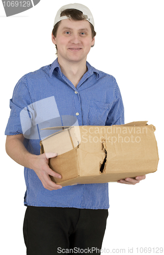 Image of Man with having a hole cardboard box