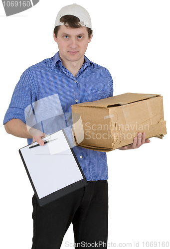 Image of Man in baseball cap with cardboard box