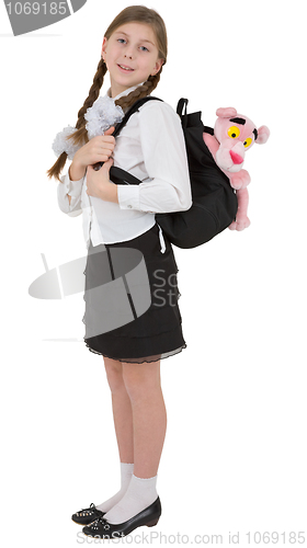 Image of Schoolgirl with satchel on white