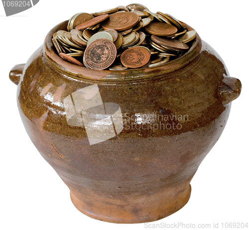 Image of Ceramic pot with metal vintage money