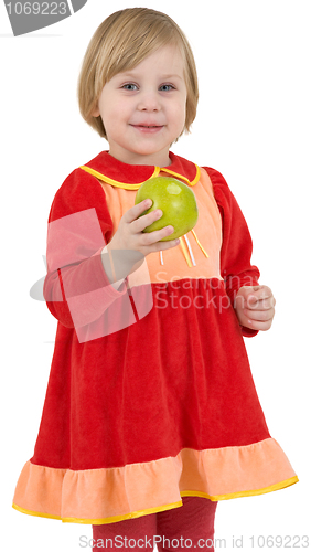 Image of Girl in the red dress with apple