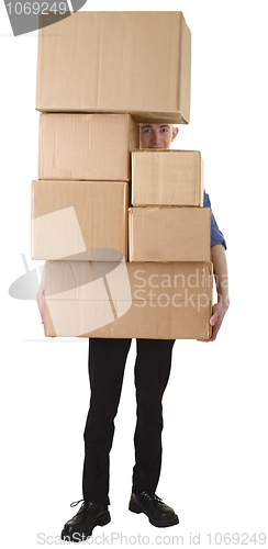Image of Man hold pile cardboard boxes