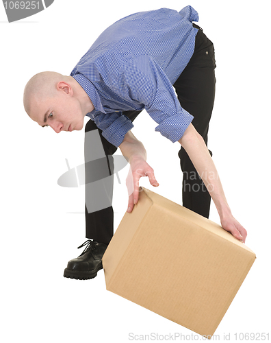 Image of Man looking under cardboard box