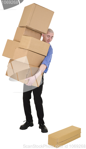 Image of Man hold heap cardboard boxes