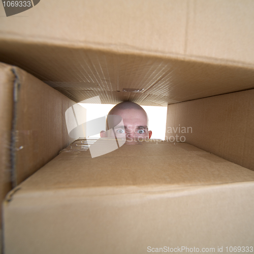 Image of Face looking trough window in pile cardboards