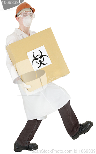 Image of Man in doctor's smock and biohazard