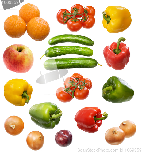 Image of Tomato, orange, apple, onion, cucumber, plum and paprika