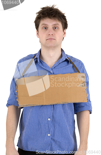 Image of Man with carton tablet on neck