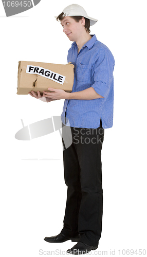 Image of Man hold cardboard box with discription "fragile"