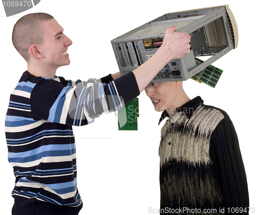 Image of Serviceman covered computer on head of client