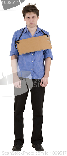 Image of Man with carton tablet on neck