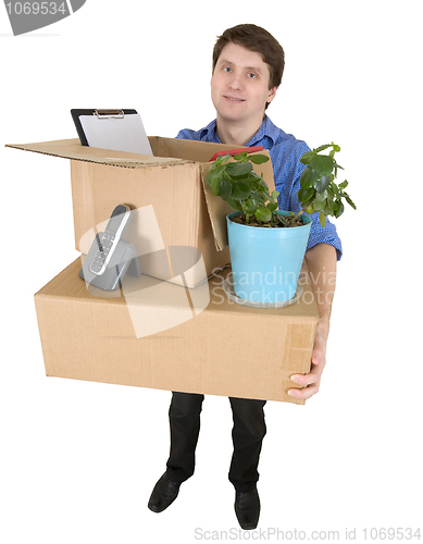 Image of Man with the big box and a window plant