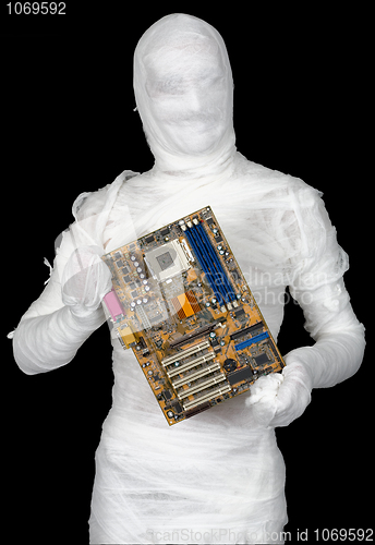 Image of Man of bandaged with motherboard