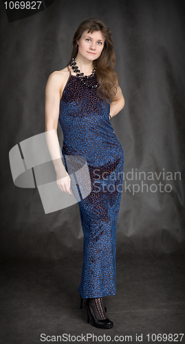 Image of The girl in a dark blue evening dress