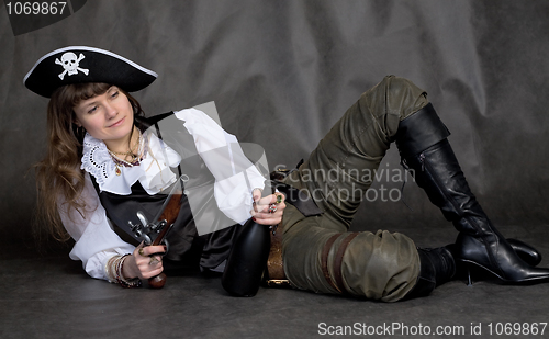 Image of Drunken girl - pirate with pistol and bottle