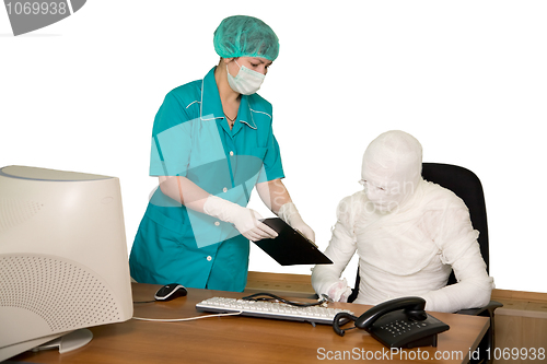 Image of Bandaged businessman and nurse