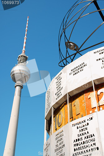 Image of Television tower and Die Urania the atomic world clock in Berlin