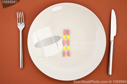 Image of pills as dinner on plate 