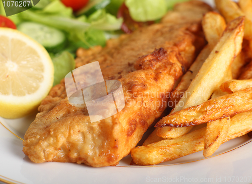 Image of Battered fish with chips and salad