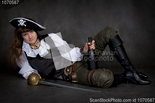 Image of Girl - pirate with rapier and bottle