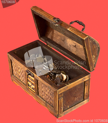 Image of  Wooden opening ancient chest with coins