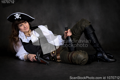 Image of Girl - pirate with pistol and bottle