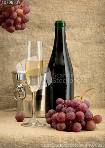 Image of Champagne bottle, grape and bucket