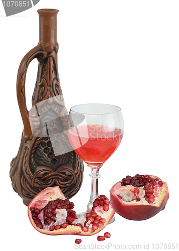 Image of Glass of wine, bottle and a red pomegranate