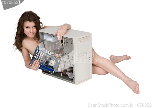 Image of Girl with computer case on white