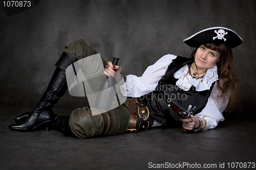 Image of Girl - pirate with pistol and bottle