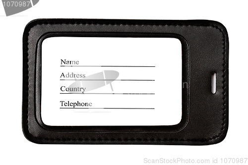 Image of Black leather Luggage tag isolated 