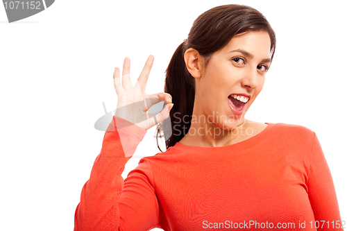 Image of Happy Young Lady Showing good sign