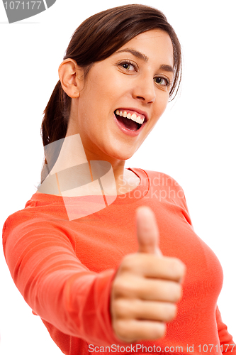 Image of Happy Young Lady Showing Thumb'S Up