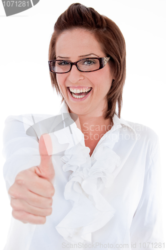 Image of young business woman giveing thumbs up