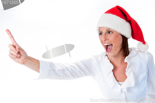 Image of Lovely lady pointing away over white background