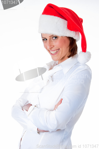Image of Female Santa pointing down at blank billboard