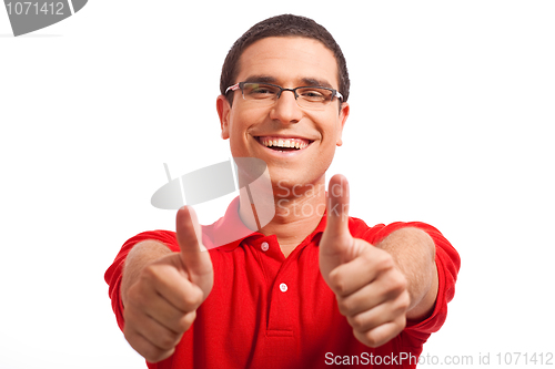 Image of Hands of a Happy young man showing thumbs up