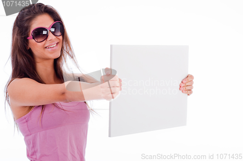 Image of pretty young women showing blank board side view