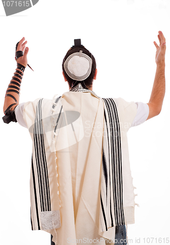 Image of Rear view of jewish men put phylactery