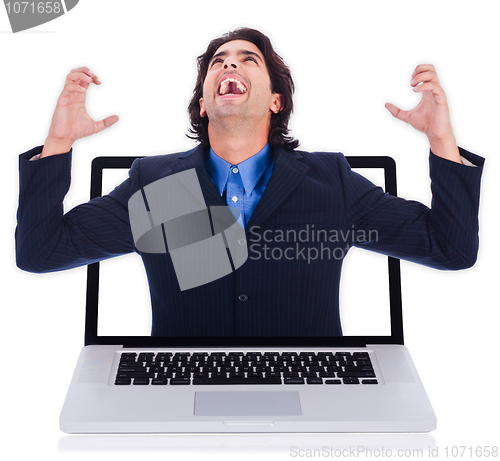 Image of Young happy business man embracing through laptop screen