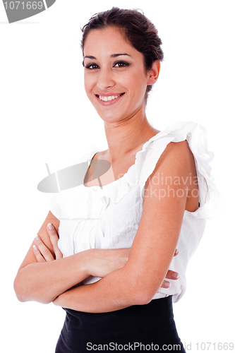 Image of Close up portrait of happy business woman with his hands folded