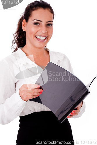 Image of Happy smiling business woman holding folder
