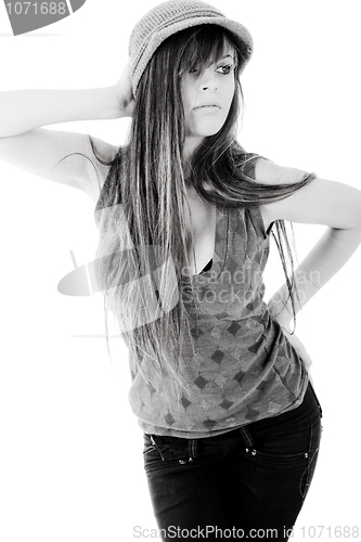 Image of Beauty model with a long hair posing at the left corner