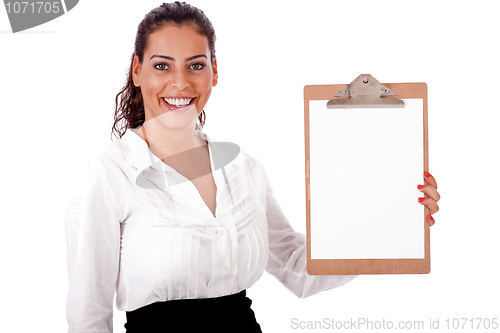Image of Lovely woman  holding  blank Clip board