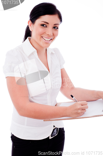 Image of Business woman looking right corner with her Clip board