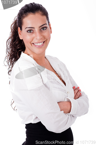 Image of Close up portrait of happy business woman with his hands folded