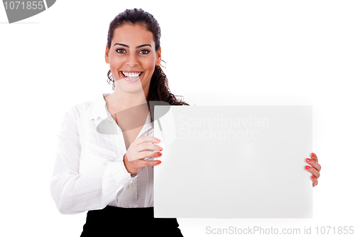 Image of American business woman holding a white blank board