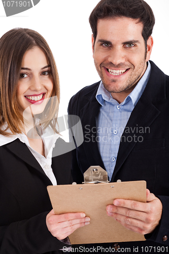 Image of Business people discussing with pad closeup shot